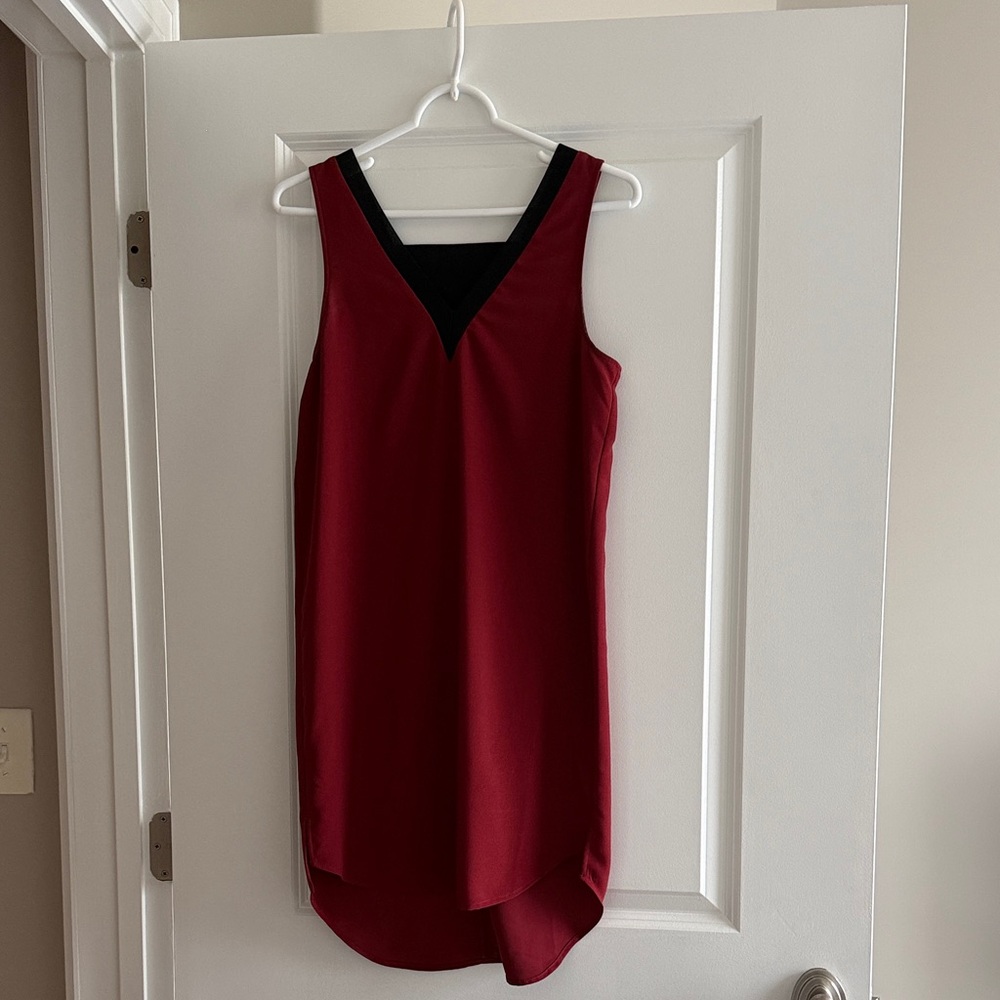 Trouvé Burgundy High-Low Dress with Black V-Neck Trim